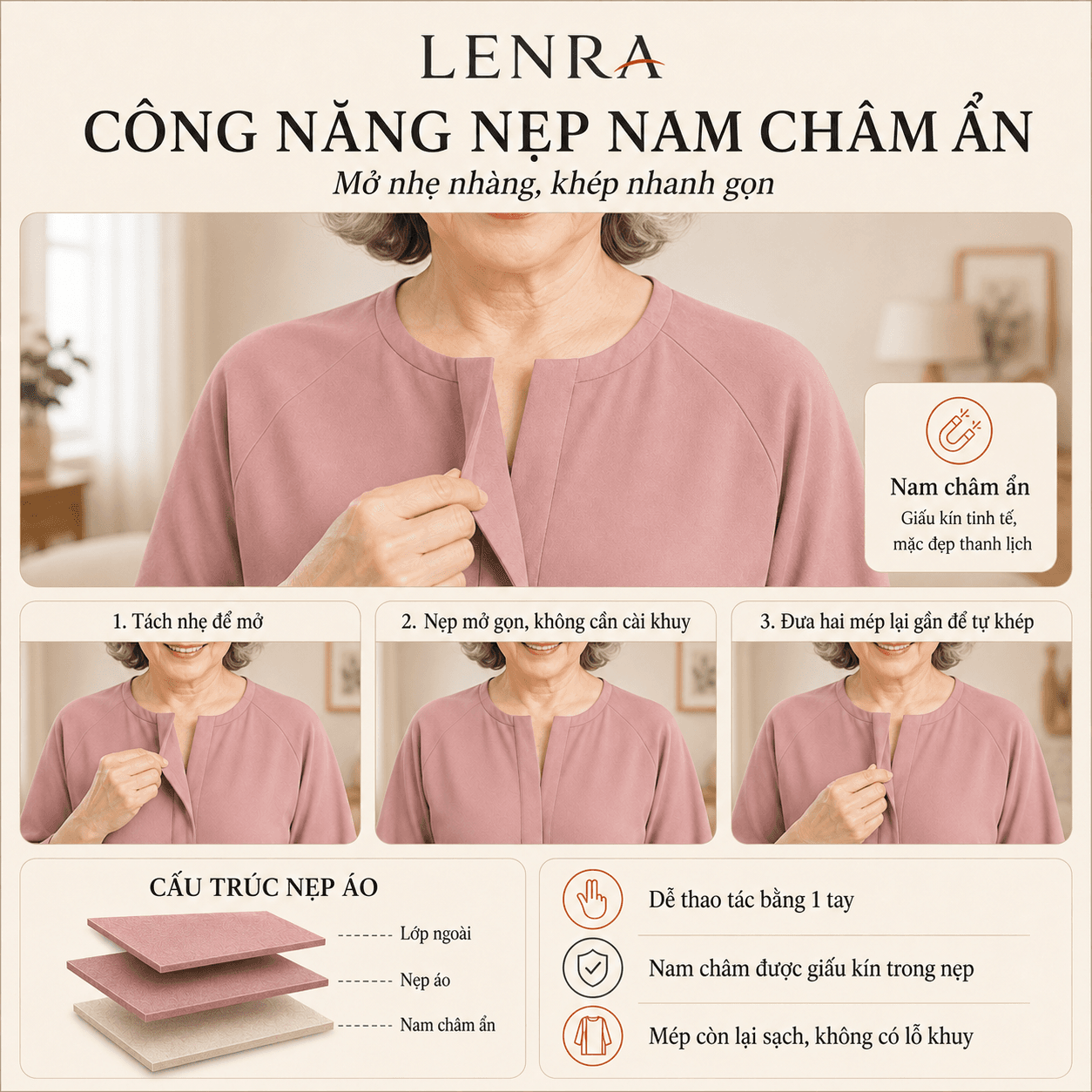 Ảnh mô tả 2 của Áo Nữ LENRA Home W01 Cúc Áo Nam Châm Ẩn - Dịu Êm