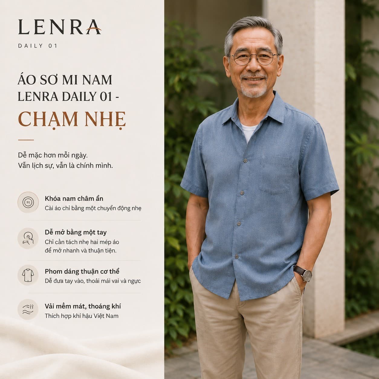 Ảnh mô tả 1 của Áo Sơ Mi Nam LENRA Daily 01 Cúc Áo Nam Châm Ẩn - Chạm Nhẹ